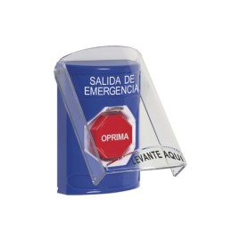 BOTÓN DE SALIDA DE EMERGENCIA, TEXTO EN ESPAÑOL, TAPA PROTECTORA DE POLICARBONATO SÚPER RESISTENTE Y RESTABLECIMIENTO CON LLAVE