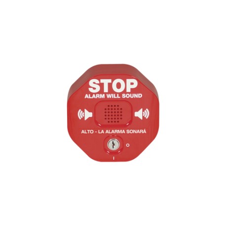 ANUNCIADOR AUDIBLE Y VISIBLE PARA SALIDA DE EMERGENCIA DE DOBLE HOJA, TEXTO EN INGLÉS Y ETIQUETAS EN MÚLTIPLES IDIOMAS