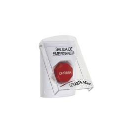 BOTÓN DE EMERGENCIA CON BOCINA DE ADVERTENCIA INTEGRADA, TEXTO EN ESPAÑOL, TAPA PROTECTORA DE POLICARBONATO SÚPER RESISTENTE, R