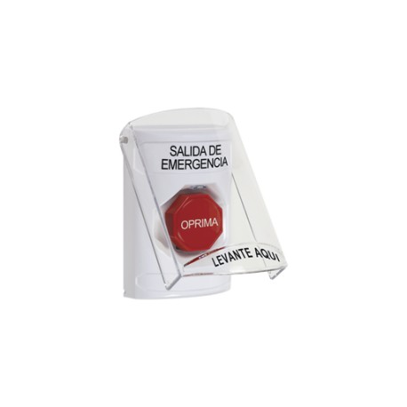 BOTÓN DE EMERGENCIA CON BOCINA DE ADVERTENCIA INTEGRADA, TEXTO EN ESPAÑOL, TAPA PROTECTORA DE POLICARBONATO SÚPER RESISTENTE, R