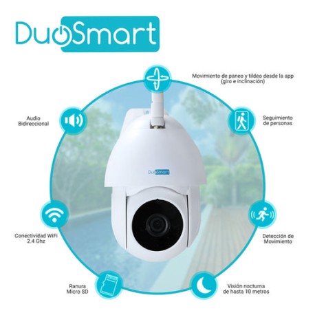 CAMARA INTELIGENTE PT DUOSMART E70 WIFI 2.4 GHZ PARA EXTERIOR CON AUDIO BIDIRECCIONAL TIPO DOMO 1080P CON MOVIMIENTO Y VISION N