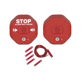 ANUNCIADOR AUDIBLE PARA SALIDA DE EMERGENCIA DE DOBLE HOJA CON SIRENA REMOTA, COLOR ROJO Y TEXTO EN INGLÉS